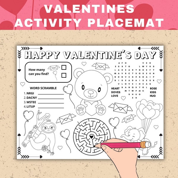 Valentines Activity Placemat Printable Valentines Activity for Kids Saint Valentines Day Kids Classroom Valentines Coloring