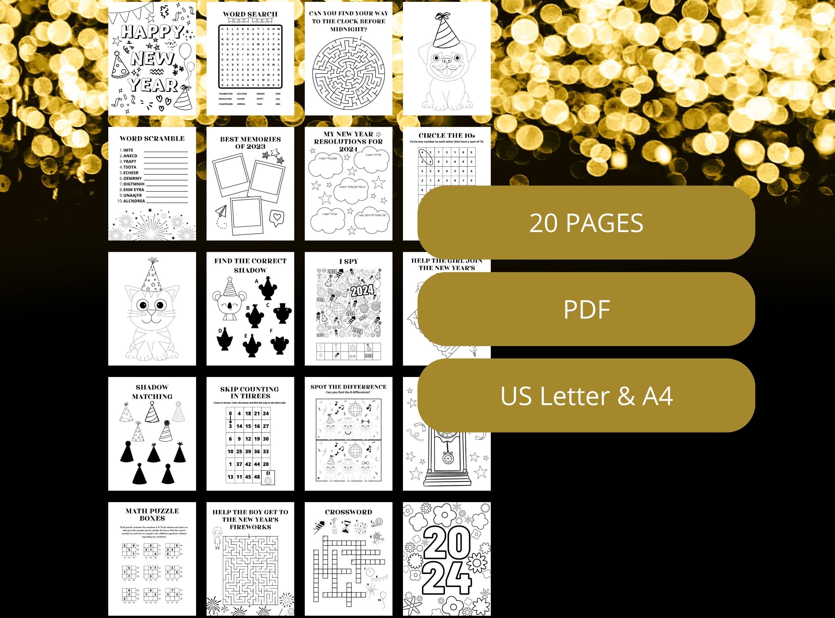 New Year Activity Pages for Kids, New Year Activity Pack Printable, New ...
