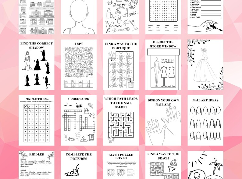 K&ouml;nnte beinhalten: Ein druckbares Aktivit&auml;tsheft mit rosa Hintergrund und Schwarzwei&szlig;illustrationen. Das Heft bietet eine Vielzahl von Aktivit&auml;ten, darunter ein Wortsuchspiel, ein Labyrinth, ein Kreuzwortr&auml;tsel, ein Finde-den-Unterschied-Spiel und eine Malvorlage. Die Aktivit&auml;ten stehen alle im Zusammenhang mit dem Thema Mode und Sch&ouml;nheit.