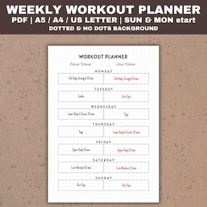 May include: A black and white printable workout planner with a dotted background. The planner includes a space for each day of the week, with sections for planned and actual workouts. The days of the week are listed in a column on the left, and the workout sections are in a column on the right.