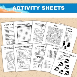 May include: A collection of white activity sheets with summer-themed games, including word searches, mazes, and riddles. The sheets are arranged on a sandy background, with the title "ACTIVITY SHEETS" in blue.
