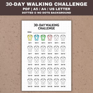 May include: A printable 30-day walking challenge tracker with a dotted background. The tracker features footprints for each day of the month, with the first six days colored in yellow, blue, green, pink, gray, and purple. The text "30-Day Walking Challenge" is at the top of the page, and "Goal:" is at the top left.