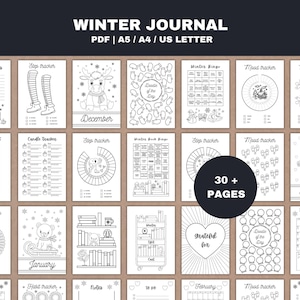 Può includere: Una raccolta di pagine di diario stampabili in bianco e nero con illustrazioni e tracker a tema invernale. Il diario include pagine per il monitoraggio dell'umore, il monitoraggio delle abitudini e altro ancora. Il testo sull'immagine recita "Winter Journal" e "30+ Pages".