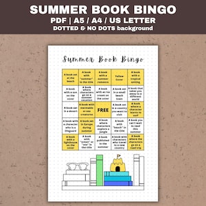 Bingo de libros de verano imprimible Desafío de lectura mensual de verano Juego TBR de verano Juego de club de lectura Diario de verano Planificador de viñetas Página punteada PDF