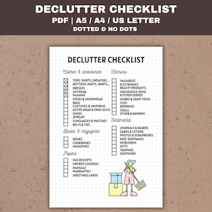 May include: A printable decluttering checklist with categories for clothes and accessories, home items, books and magazines, papers, and sentimental items. The checklist is designed for use with a dotted notebook.