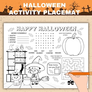 Halloween Activity Placemat Printable Halloween Kids Activity Sheet Halloween Coloring Placemat Halloween Game Halloween Party Favor PDF JPG