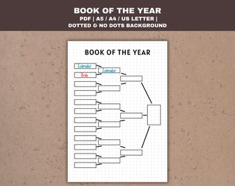May include: A black and white printable bracket chart with the title "Book of the Year" and the words "Icebreaker" and "Bride" written in different colors. The chart is designed for a book club or reading challenge.