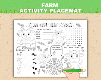 Mantel individual de actividades de la granja: páginas para colorear imprimibles, laberinto y juegos de palabras (PDF)
