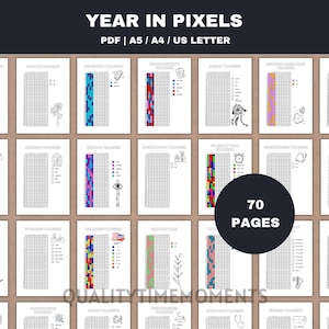 Könnte beinhalten: Eine Sammlung druckbarer Planerseiten mit dem Text "YEAR IN PIXELS" und "70 PAGES". Die Seiten enthalten Raster zur Verfolgung von Gewohnheiten und Stimmungen, mit dekorativen Elementen und farbcodierten Abschnitten.