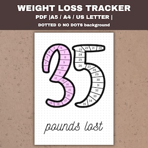May include: Printable weight loss tracker with a dotted background. The tracker features a large number 35 with a pink fill, and the text "pounds lost" below.