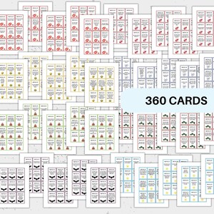 May include: A set of 360 printable cards featuring various images, including lips, glasses, watermelon slices, bats, and suns. The cards are designed for use in games or activities.