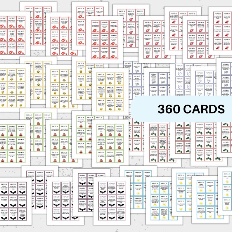 May include: A set of 360 printable cards featuring various images, including lips, glasses, watermelon slices, bats, and suns. The cards are designed for use in games or activities.