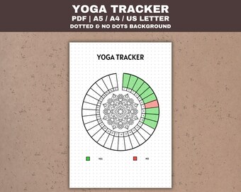 May include: A printable yoga tracker with a mandala design in the center. The tracker is a circle divided into 31 sections, with a green section for "yes" and a red section for "no". The text "YOGA TRACKER" appears at the top of the page.