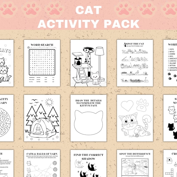 Cat Activity Pages Printable Kitty Activity Pack Kitten Activity for Kids Cat Themed Birthday Party Cats Coloring Page