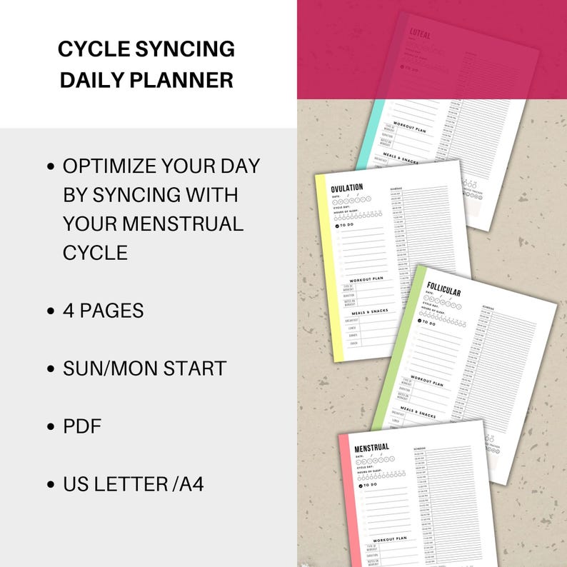 May include: A printable daily planner designed to help you sync your daily activities with your menstrual cycle. The planner includes four pages, one for each phase of the cycle: Luteal, Ovulation, Follicular, and Menstrual. The planner is designed to be printed on US Letter or A4 paper and starts on a Sunday or Monday.