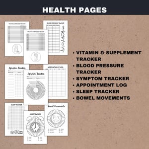 Pode incluir: Uma cole&ccedil;&atilde;o de p&aacute;ginas de rastreamento de sa&uacute;de em preto e branco, incluindo rastreadores de vitaminas e suplementos, press&atilde;o arterial, sintomas, consultas, sono e movimentos intestinais. As p&aacute;ginas s&atilde;o exibidas em um fundo marrom com "HEALTH PAGES".