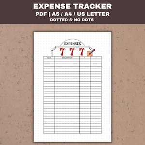 May include: A printable expense tracker with a dotted background. The tracker has a slot machine design with the numbers 777. The tracker has columns for date and description.