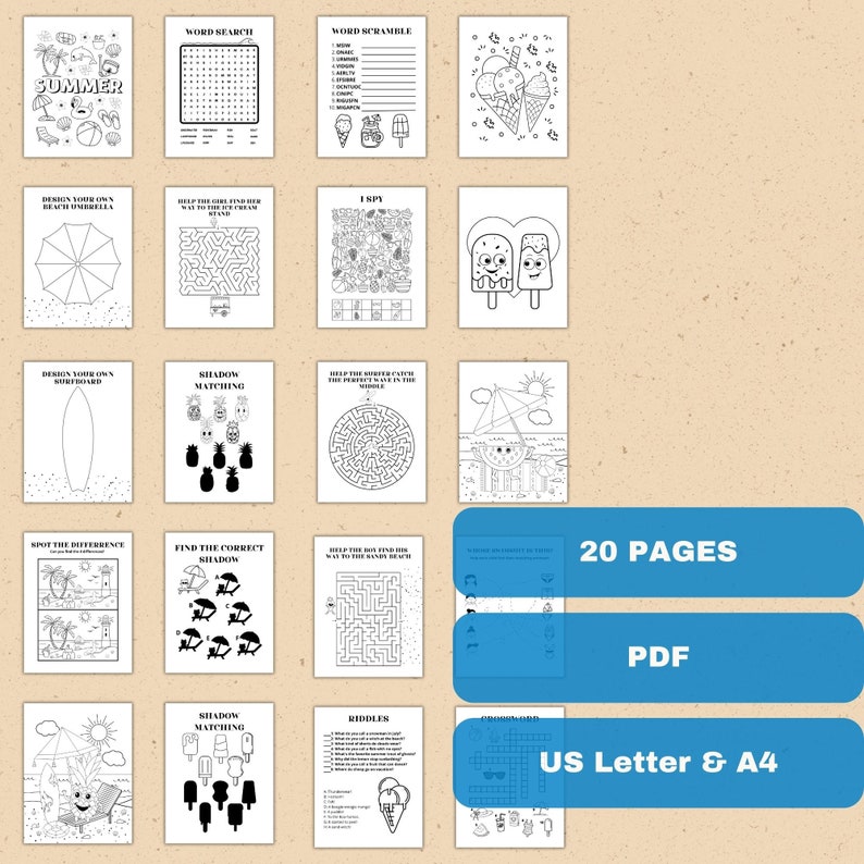May include: A collection of 20 printable summer-themed activity pages in PDF format. The pages include word searches, mazes, coloring pages, and shadow matching games. The pages are designed for US Letter and A4 paper sizes.