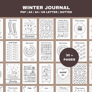 Può includere: Un diario invernale in bianco e nero con varie pagine di monitoraggio, tra cui monitoraggio dell'umore, delle abitudini e dei film. Il diario include il testo "WINTER JOURNAL" e "30+ PAGES". Il diario è disponibile in formato PDF, A5, A4 e US Letter.