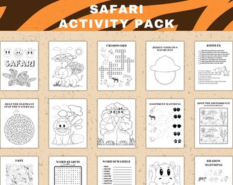 Safari Aktivität Blätter druckbare Kinder Dschungel Malseiten, Labyrinthe, Wortsuche