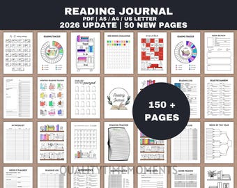 May include: A digital reading journal template set featuring 150+ pages with various layouts including reading trackers, book reviews, monthly logs, and a 100 books challenge. The pages are white with black text and colourful illustrations.