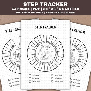 May include: A printable step tracker with 12 pages in PDF format. The tracker is designed for use with A5, A4, or US Letter paper. It includes both dotted and non-dotted versions, as well as pre-filled and blank options. The image shows a sample page with a circular step tracker for the month of January, featuring a boot illustration and a range of step goals.