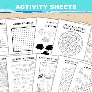 activity sheets: word scrmable, word search, shadow matching, i spy, mazes