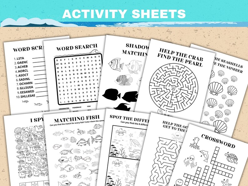 activity sheets: word scrmable, word search, shadow matching, i spy, mazes