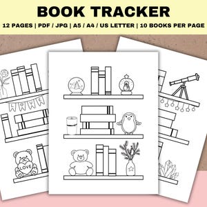 Tracker di lettura Tracker di libri stampabile Tracker di libri di 12 mesi Sfida di lettura Tracker TBR Pagine da colorare per scaffali Elenco di lettura
