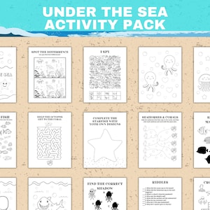 Under the sea activity pack - 20 pages  with fun activities forkids, theme is Under the sea. You can find there coloring pages, i spy, drawing prompts, crossword,word scramble, wordsearch ..
