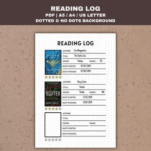 May include: A printable reading log template with a dotted background. The template includes sections for author, title, genre, pages, date started, and date finished. There are three example entries filled out with book titles and details.