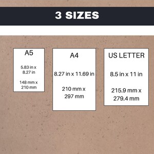 Pode incluir: Imagem mostrando tr&ecirc;s tamanhos de papel: A5 (148 mm x 210 mm), A4 (210 mm x 297 mm) e US Letter (215,9 mm x 279,4 mm). O texto "3 SIZES" est&aacute; no topo. As dimens&otilde;es s&atilde;o mostradas em mm e polegadas.