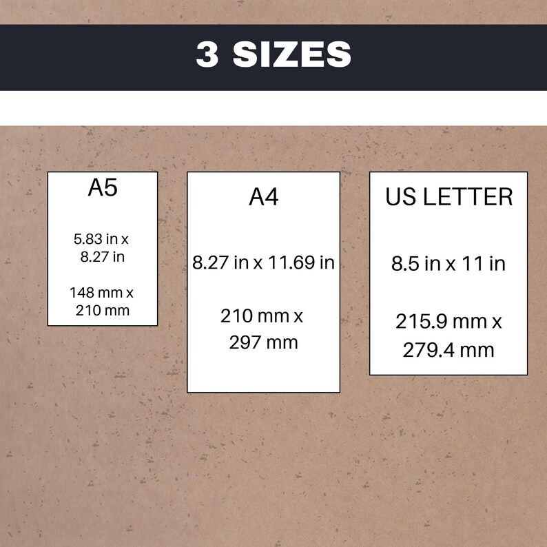 Pode incluir: Imagem mostrando tr&ecirc;s tamanhos de papel: A5 (148 mm x 210 mm), A4 (210 mm x 297 mm) e US Letter (215,9 mm x 279,4 mm). O texto "3 SIZES" est&aacute; no topo. As dimens&otilde;es s&atilde;o mostradas em mm e polegadas.