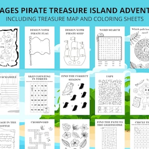 Livre d'activités pirate, pages d'activités à imprimer sur l'île au trésor pour enfants, cadeau de fête pirate