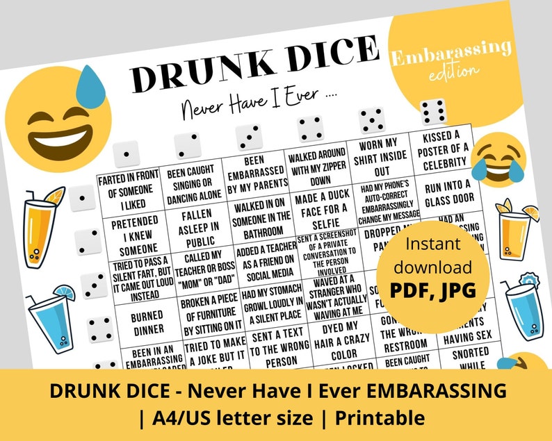 Drunk Dice Never Have I Ever Embarassing Question Printable Drinking