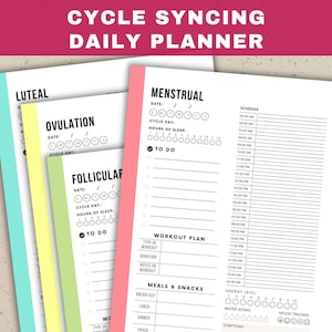 Può includere: Un planner giornaliero stampabile progettato per tenere traccia del tuo ciclo mestruale. Il planner include sezioni per tenere traccia del tuo giorno di ciclo, le ore di sonno, la lista delle cose da fare, il piano di allenamento, i pasti e gli spuntini, il livello di energia, l'assunzione di acqua, i sintomi e il tracker dell'umore. Il planner è diviso in quattro sezioni: mestruale, follicolare, ovulatoria e luteale.