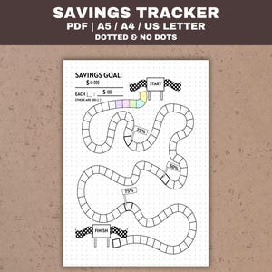 May include: A printable savings tracker with a race track design. The tracker has a savings goal section, a start and finish line, and spaces to mark progress. The text "Savings Goal:" is at the top of the page, followed by a blank space for the user to write in their savings goal. The text "Each:" is below the savings goal section, followed by a blank space for the user to write in the amount of money they want to save each time they complete a space on the race track. The text "(There are 100)" is below the "Each:" section, followed by a blank space for the user to write in the number of spaces on the race track. The race track is divided into four sections, each marked with a percentage: 25%, 50%, 75%, and 100%.