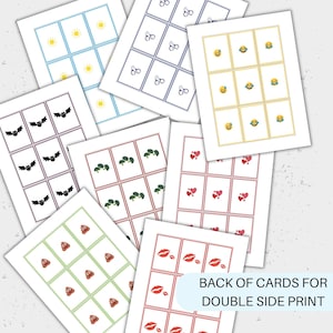 May include: Set of printable cards with different images on each card. The images include a sun, handcuffs, a crying face, a bat, broccoli, a heart, poop, and lips. The text "BACK OF CARDS FOR DOUBLE SIDE PRINT" is at the bottom of the image.