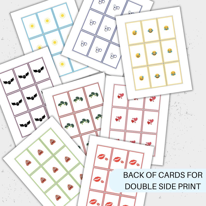 May include: Set of printable cards with different images on each card. The images include a sun, handcuffs, a crying face, a bat, broccoli, a heart, poop, and lips. The text "BACK OF CARDS FOR DOUBLE SIDE PRINT" is at the bottom of the image.