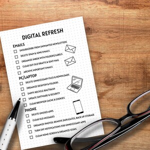 May include: A checklist titled "Digital Refresh" with sections for emails, PC/Laptop, and phone. Each section has a list of tasks to complete, such as unsubscribing from unwanted newsletters, deleting unnecessary files, and clearing old messages. The checklist is printed on white paper with black ink and includes small illustrations of an email, a laptop, and a phone.