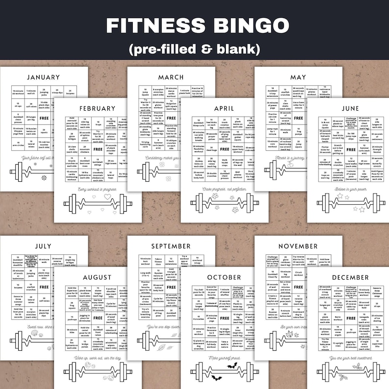 fitness bingo for each month - pre-filled and blank