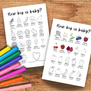 Pode incluir: Duas folhas de papel brancas com o texto "How big is baby?" e ilustra&ccedil;&otilde;es de frutas e vegetais. As ilustra&ccedil;&otilde;es s&atilde;o rotuladas com semanas de gravidez. Marcadores coloridos est&atilde;o espalhados pelos pap&eacute;is.