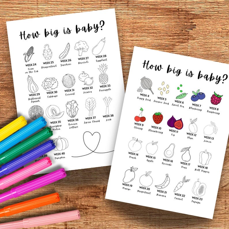 Pode incluir: Duas folhas de papel brancas com o texto "How big is baby?" e ilustra&ccedil;&otilde;es de frutas e vegetais. As ilustra&ccedil;&otilde;es s&atilde;o rotuladas com semanas de gravidez. Marcadores coloridos est&atilde;o espalhados pelos pap&eacute;is.