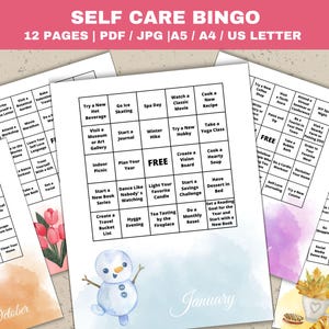 Puede incluir: Un conjunto de 12 tarjetas de bingo imprimibles con un tema de autocuidado. Cada tarjeta presenta un mes diferente del año y una cuadrícula de 25 casillas con diversas actividades de autocuidado. Las tarjetas están decoradas con fondos e ilustraciones de acuarela.