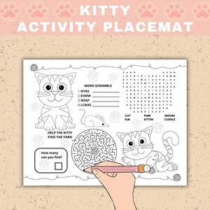 Cat Activity Placemat: Kids Birthday Party Coloring Page (PDF)