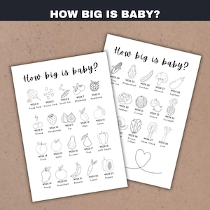 Pode incluir: Dois gr&aacute;ficos brancos impressos com o texto "How big is baby?" e ilustra&ccedil;&otilde;es de frutas e vegetais representando o tamanho de um beb&ecirc; durante as semanas 4-38 da gravidez. Os gr&aacute;ficos est&atilde;o em uma superf&iacute;cie marrom claro.