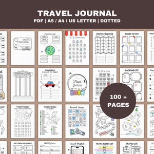 Può includere: Una raccolta di pagine di diario di viaggio stampabili con vari layout, tra cui liste di imballaggio, tracker di volo e luoghi da visitare. Il diario è disponibile in formato PDF, A5, A4 e US Letter e include pagine a puntini. La copertina presenta il testo "Travel Journal".