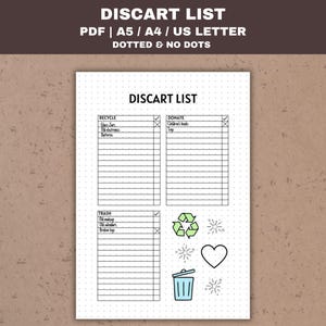 Peut inclure: Une liste de tri imprimable avec des sections pour le recyclage, le don et les déchets. La liste est sur un fond blanc avec des lignes noires et des cases à cocher. Il y a aussi des illustrations d'un symbole de recyclage, d'un cœur et d'une poubelle.