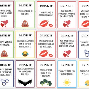 May include: A set of 10 drinking game cards with different prompts for players to drink if they have done the activity on the card. The cards are white with black text and colorful icons.