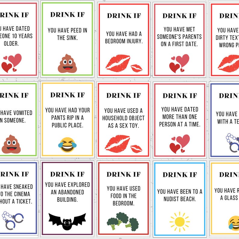 May include: A set of 10 drinking game cards with different prompts for players to drink if they have done the activity on the card. The cards are white with black text and colorful icons.